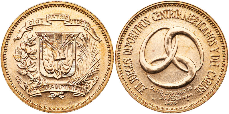 Dominican Republic. 30 Pesos, 1974. Fr-2; KM-36. Weight 0.3385 ounce. Three inte...