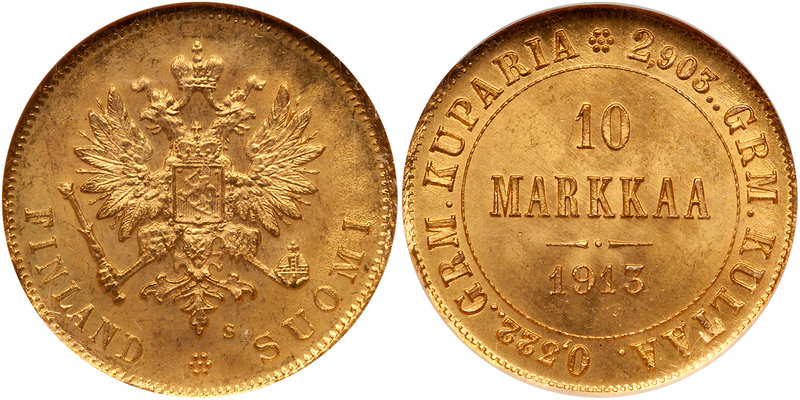 Finland. 10 Markkaa, 1913-S. Fr-6; KM-8.2. Struck under Russian Czar Nicholas II...