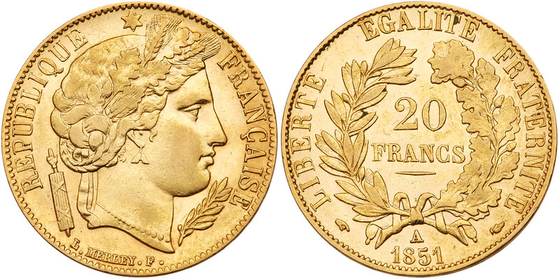France. 20 Francs, 1851-A. Fr-566; KM-762. Weight 0.1867 ounce. Ceres head. Thre...