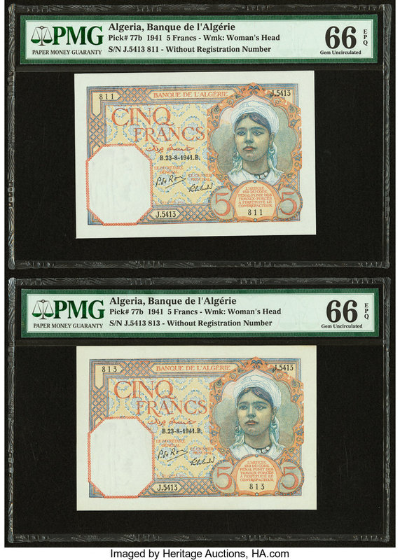 Algeria Banque de l'Algerie 5 Francs 23.8.1941 Pick 77b Five Consecutive Example...