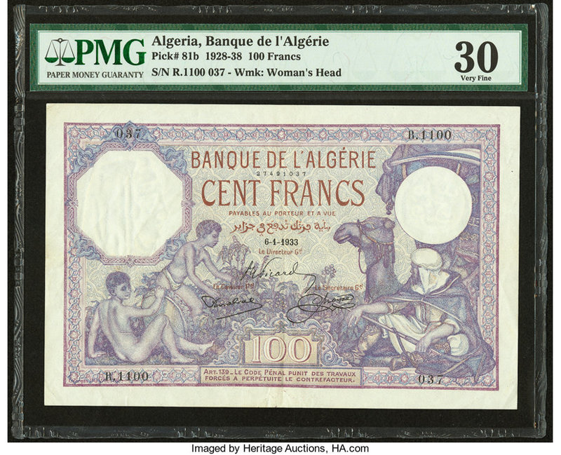 Algeria Banque de l'Algerie 100 Francs 6.1.1933 Pick 81b PMG Very Fine 30. Corne...