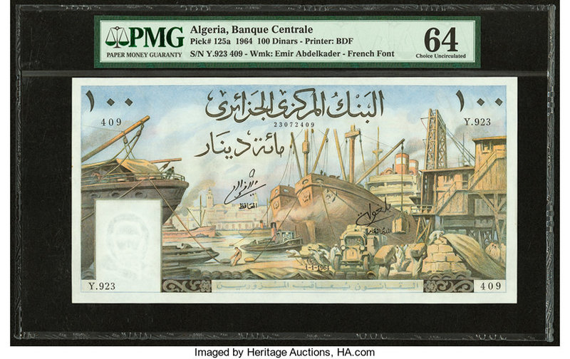 Algeria Banque Centrale d'Algerie 100 Dinars 1.1.1964 Pick 125a PMG Choice Uncir...