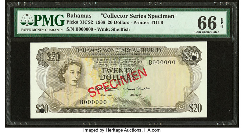 Bahamas Monetary Authority 20 Dollars 1968 Pick 31CS2 "Collector Series Specimen...