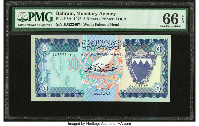 Bahrain Monetary Agency 5 Dinars 1973 Pick 8A PMG Gem Uncirculated 66 EPQ. 

HID...
