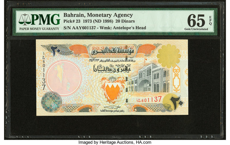 Bahrain Monetary Agency 20 Dinars 1973 (ND 1998) Pick 23 PMG Gem Uncirculated 65...