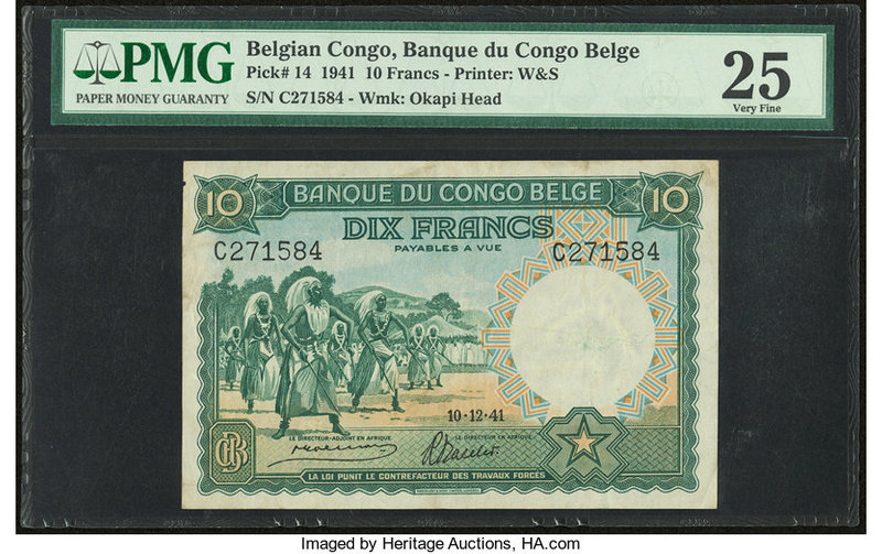 Belgian Congo Banque du Congo Belge 10 Francs 10.12.1941 Pick 14 PMG Very Fine 2...