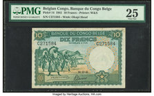 Belgian Congo Banque du Congo Belge 10 Francs 10.12.1941 Pick 14 PMG Very Fine 25. Minor rust.

HID09801242017