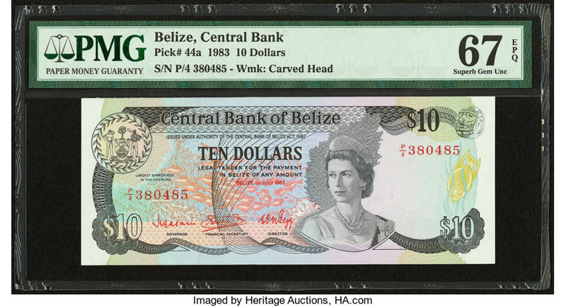 Belize Central Bank 10 Dollars 1.7.1983 Pick 44a PMG Superb Gem Unc 67 EPQ. 

HI...