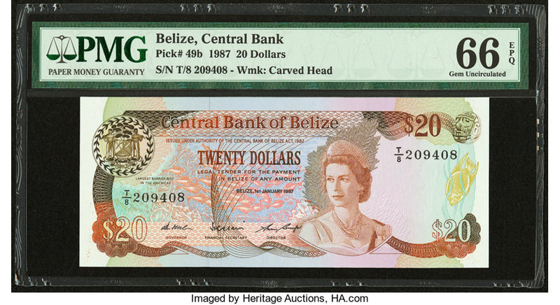 Belize Central Bank 20 Dollars 1.1.1987 Pick 49b PMG Gem Uncirculated 66 EPQ. 

...
