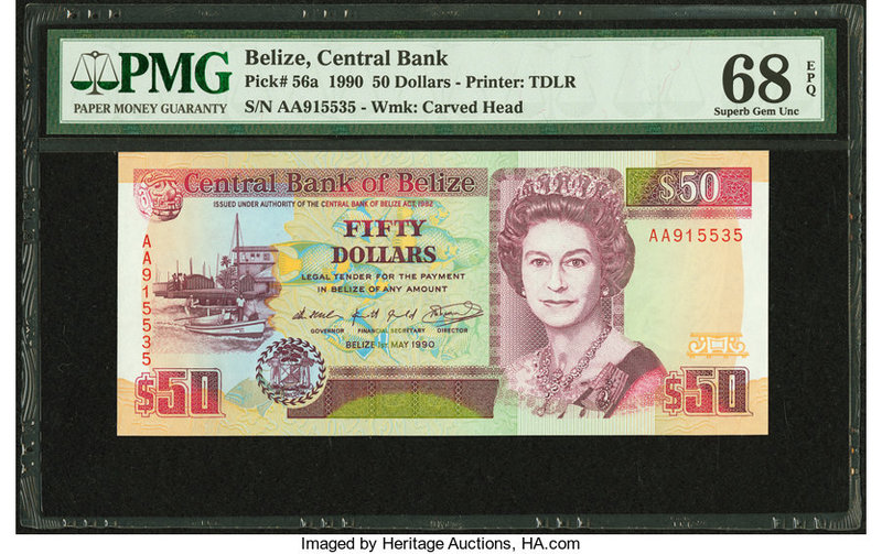 Belize Central Bank 50 Dollars 1.5.1990 Pick 56a PMG Superb Gem Unc 68 EPQ. This...