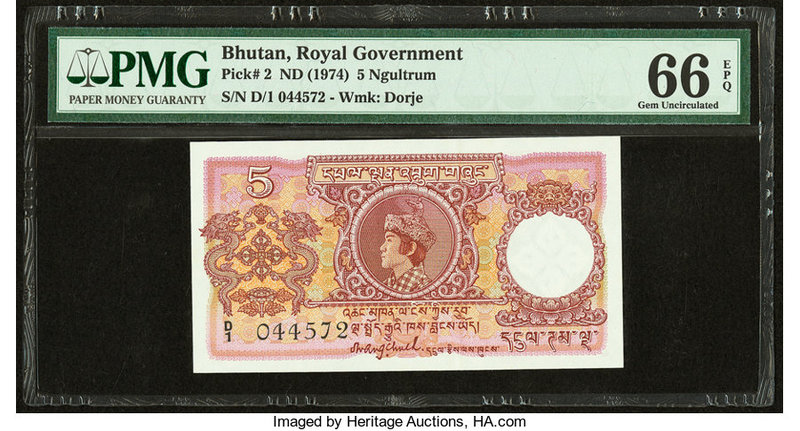 Bhutan Royal Government 5 Ngultrum ND (1974) Pick 2 PMG Gem Uncirculated 66 EPQ....