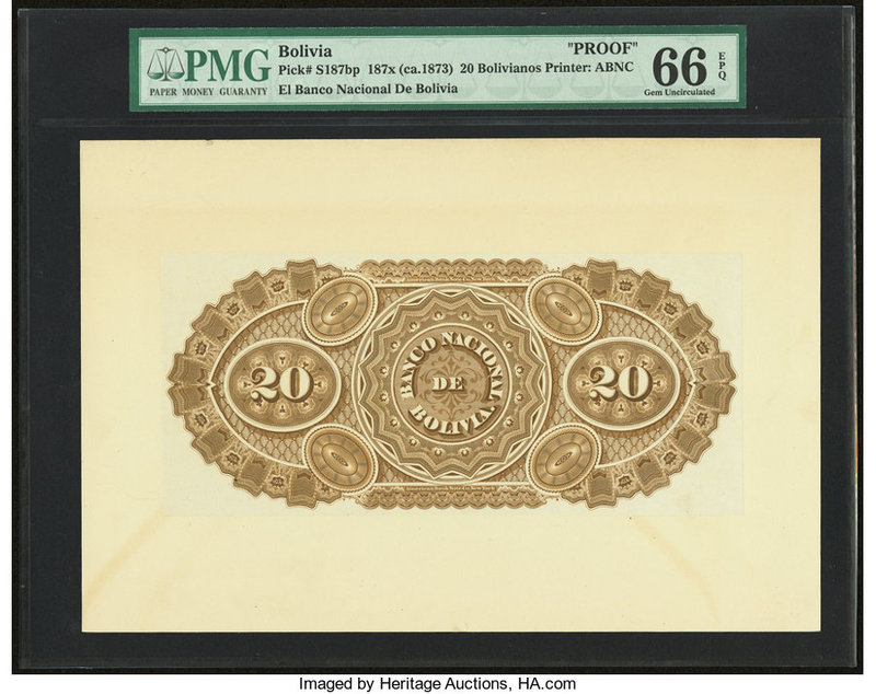Bolivia Banco Nacional de Bolivia 20 Bolivianos 187x (ca. 1873) Pick S187bp Proo...