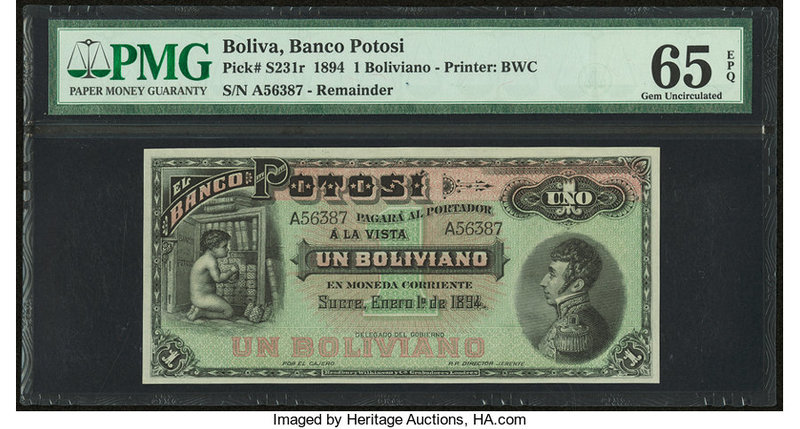 Bolivia Banco Potosi 1 Boliviano 1894 Pick S231r Remainder PMG Gem Uncirculated ...