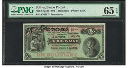 Bolivia Banco Potosi 1 Boliviano 1894 Pick S231r Remainder PMG Gem Uncirculated 65 EPQ. 

HID09801242017