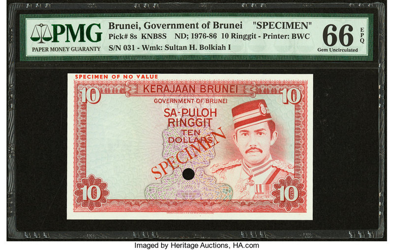 Brunei Government of Brunei 10 Ringgit ND (1976-86) Pick 8s KNB8S Specimen PMG G...
