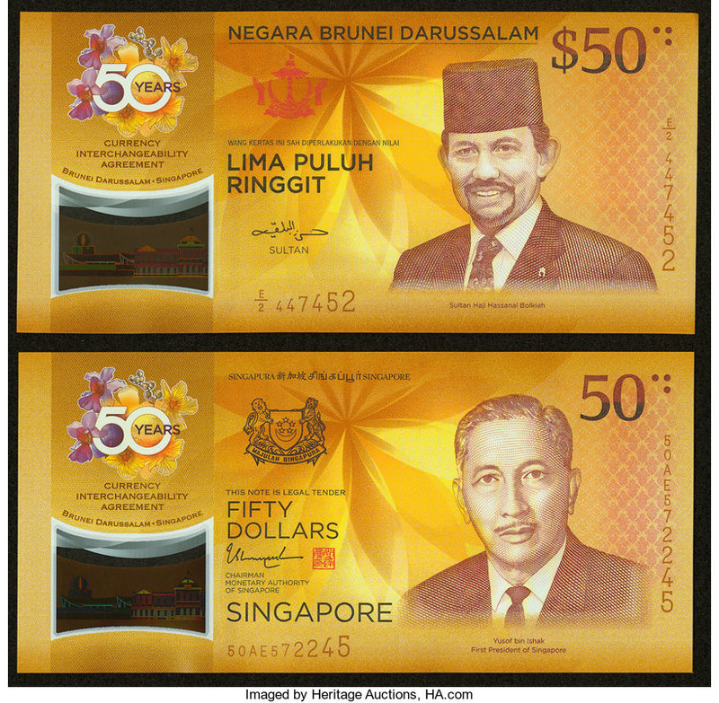Singapore and Brunei 50 Dollars 2017 Commemorative Set in Folder Two Polymer Exa...