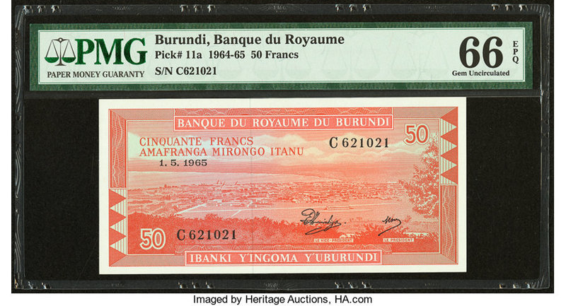 Burundi Banque du Royaume du Burundi 50 Francs 1.5.1965 Pick 11a PMG Gem Uncircu...