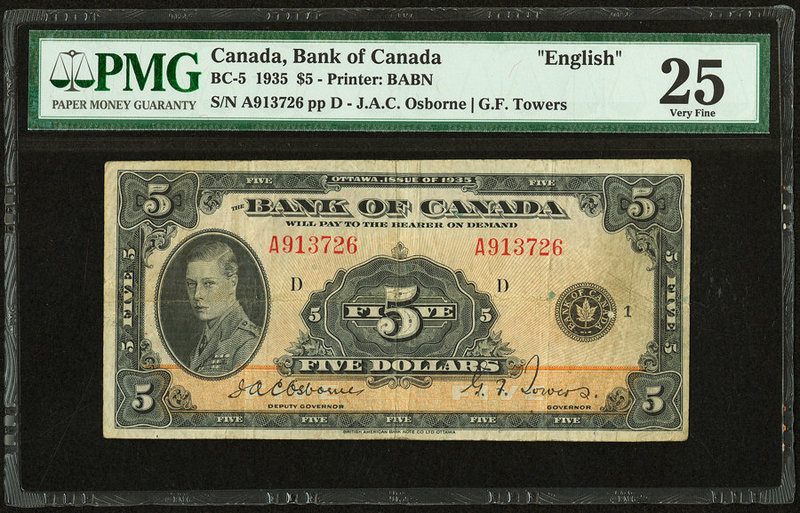 Canada Bank of Canada $5 1935 BC-5 PMG Very Fine 25. Problem-free, original grad...
