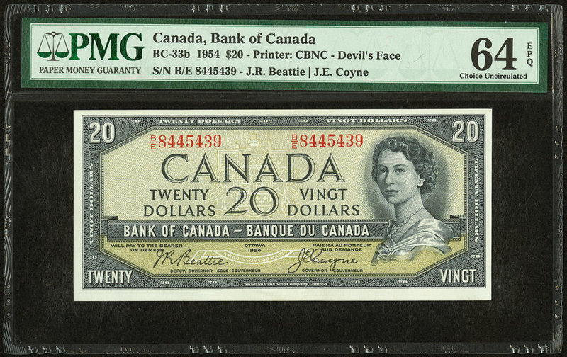 Canada Bank of Canada $20 1954 Devil's Face BC-33b PMG Choice Uncirculated 64 EP...
