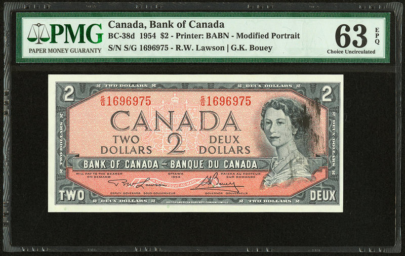 Canada Bank of Canada $2 1954 BC-38d PMG Choice Uncirculated 63 EPQ. Ink smear e...