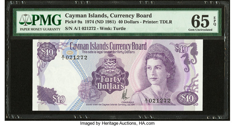 Cayman Islands Currency Board 40 Dollars 1974 (ND 1981) Pick 9a PMG Gem Uncircul...