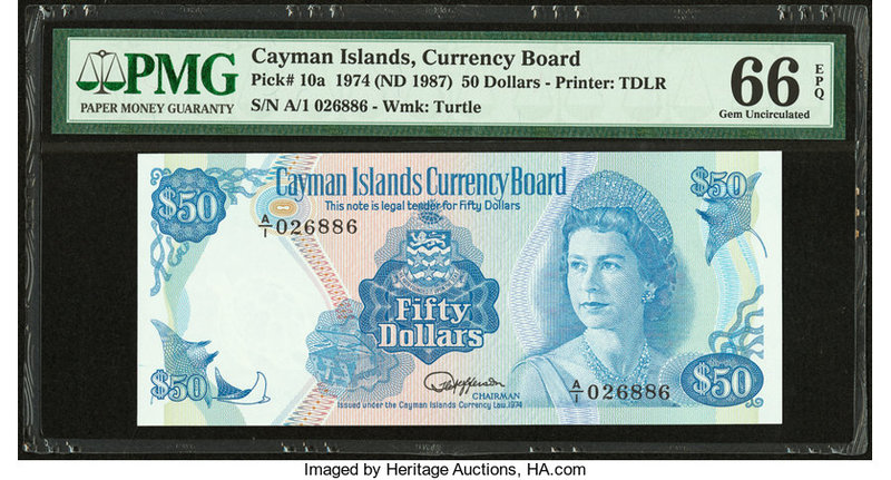 Cayman Islands Currency Board 50 Dollars 1974 (ND 1987) Pick 10a PMG Gem Uncircu...