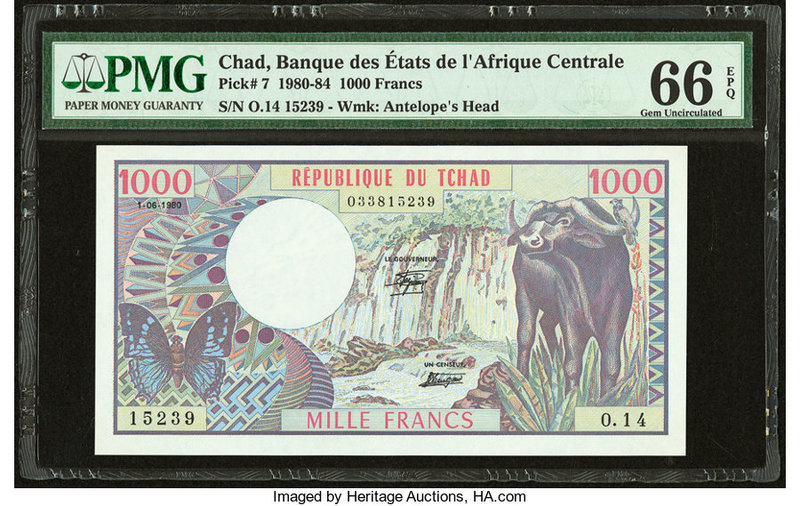 Chad Banque Des Etats De L'Afrique Centrale 1000 Francs 1.6.1980 Pick 7 PMG Gem ...