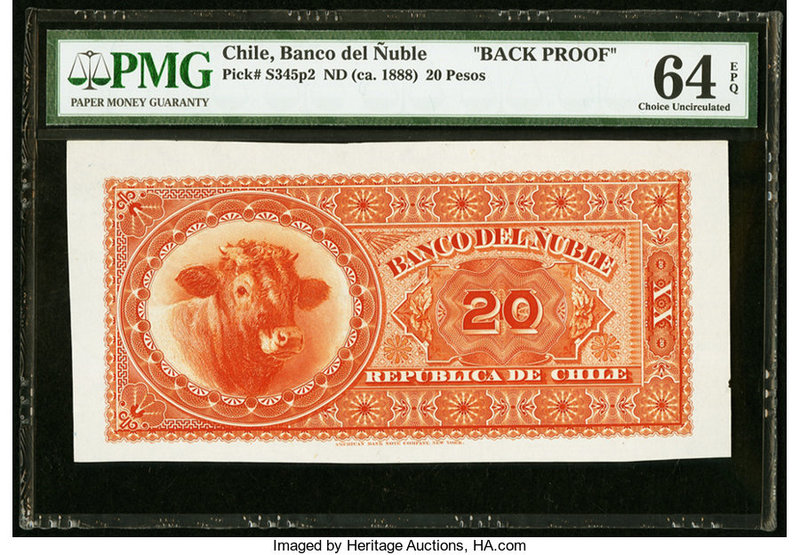 Chile Banco del Nuble 20 Pesos ND (ca. 1888) Pick S345p2 Back Proof PMG Choice U...