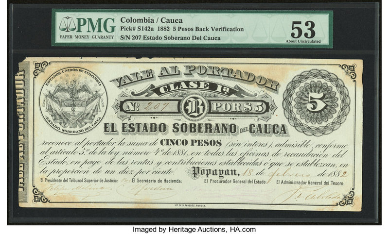 Colombia Estado Soberano del Cauca 5 Pesos 18.2.1882 Pick S142a PMG About Uncirc...