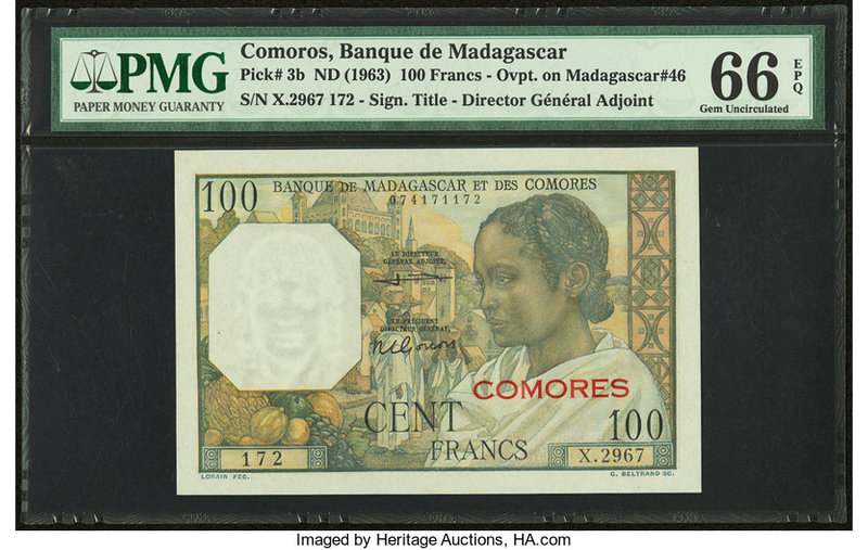Comoros Banque de Madagascar et des Comores 100 Francs ND (1963) Pick 3b PMG Gem...
