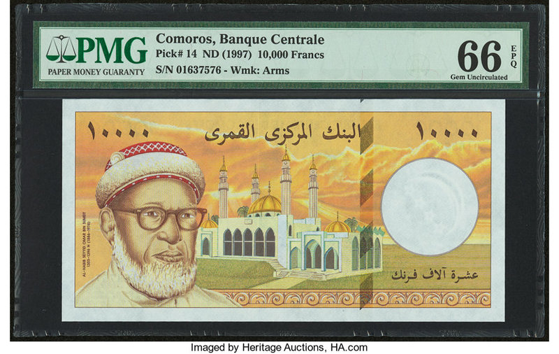 Comoros Banque Centrale Des Comores 10,000 Francs ND (1997) Pick 14 PMG Gem Unci...