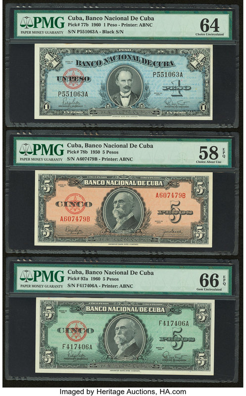 Cuba Banco Nacional de Cuba 1; 5; 5 Pesos 1960; 1950; 1960 Pick 77b; 78b; 92a Th...