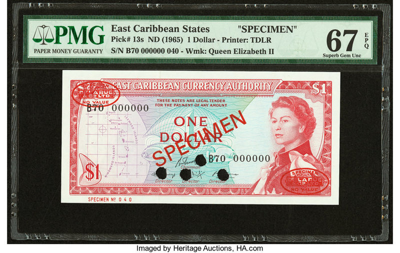 East Caribbean States Currency Authority 1 Dollar ND (1965) Pick 13s Specimen PM...