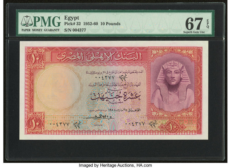 Egypt National Bank of Egypt 10 Pounds 1952-60 Pick 32 PMG Superb Gem Unc 67 EPQ...