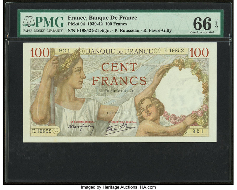 France Banque de France 100 Francs 13.3.1941 Pick 94 PMG Gem Uncirculated 66 EPQ...