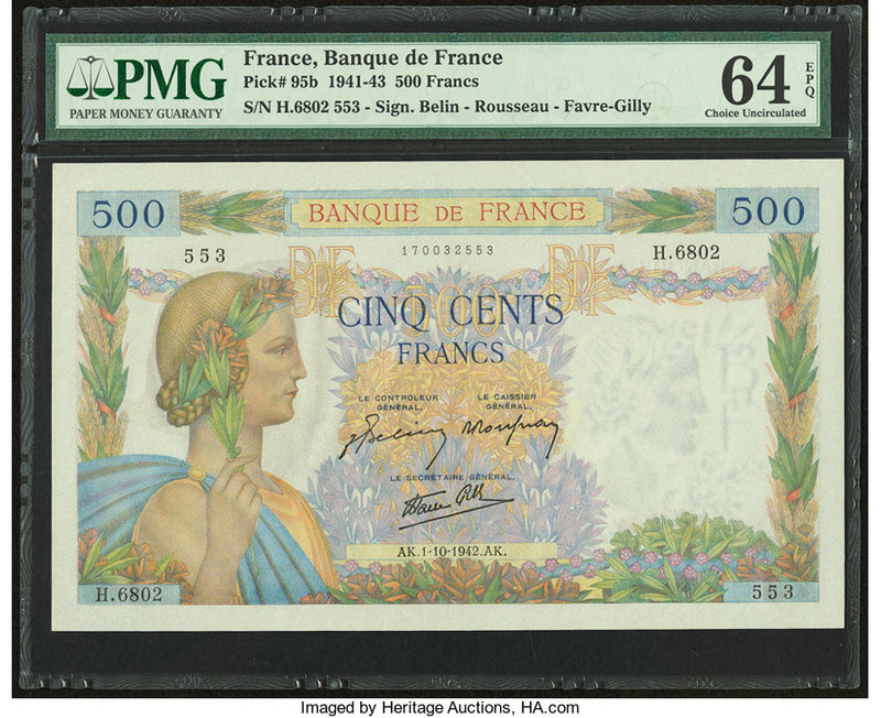 France Banque de France 500 Francs 10.1.1942 Pick 95b PMG Choice Uncirculated 64...