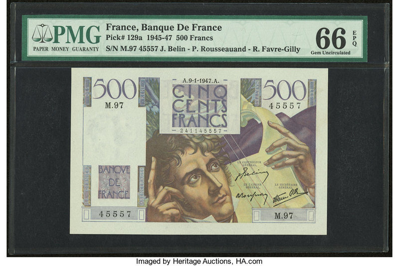France Banque de France 500 Francs 9.1.1947 Pick 129a PMG Gem Uncirculated 66 EP...