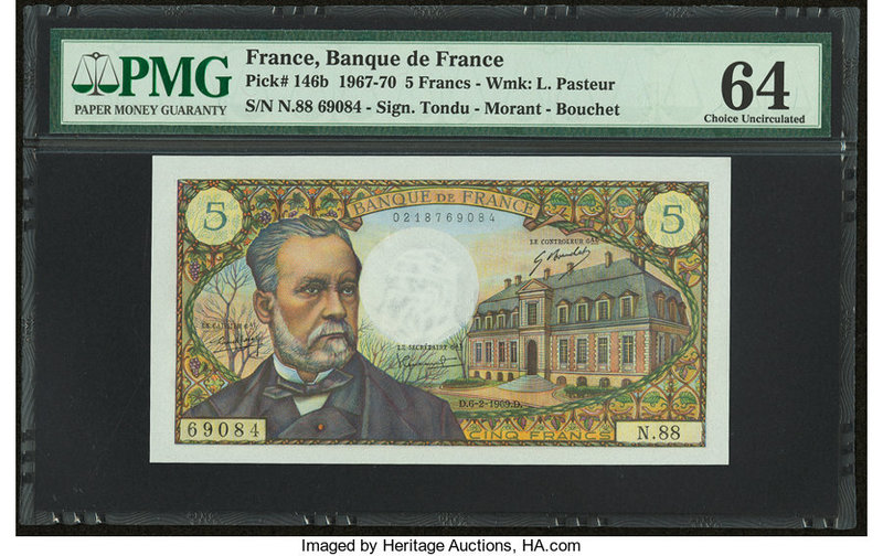 France Banque de France 5 Francs 6.2.1969 Pick 146b PMG Choice Uncirculated 64. ...