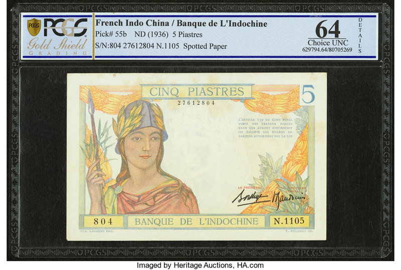 French Indochina Banque de l'Indo-Chine 5 Piastres ND (1936) Pick 55b PCGS Choic...