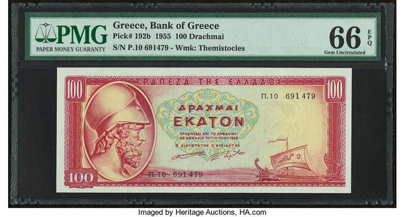 Greece Bank of Greece 100 Drachmai 1955 Pick 192b PMG Gem Uncirculated 66 EPQ. 
...