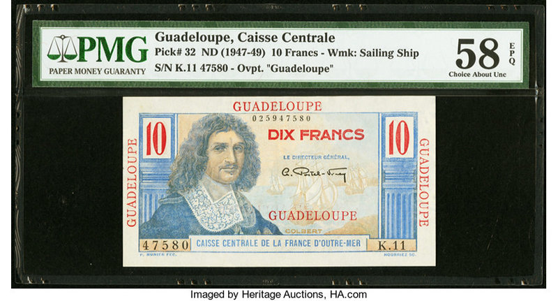Guadeloupe Caisse Centrale de la France d'Outre-Mer 10 Francs ND (1947-49) Pick ...