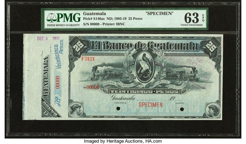 Guatemala Banco de Guatemala 25 Pesos ND; 1905-19; 8.12.1911 Pick S146as Specime...