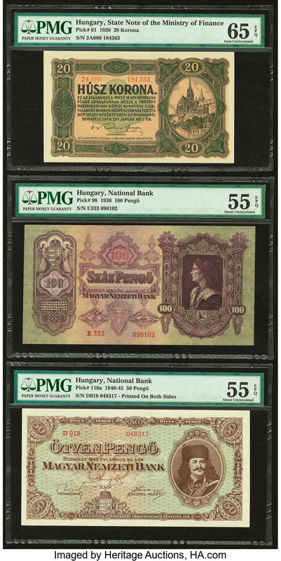 Lot Of Six PMG Graded Examples From Hungary. Ministry of Finance 20 Korona 1920 ...