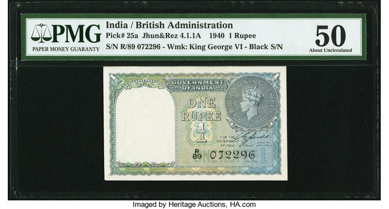 India Government of India 1 Rupee 1940 Pick 25a Jhun4.1.1A PMG About Uncirculate...