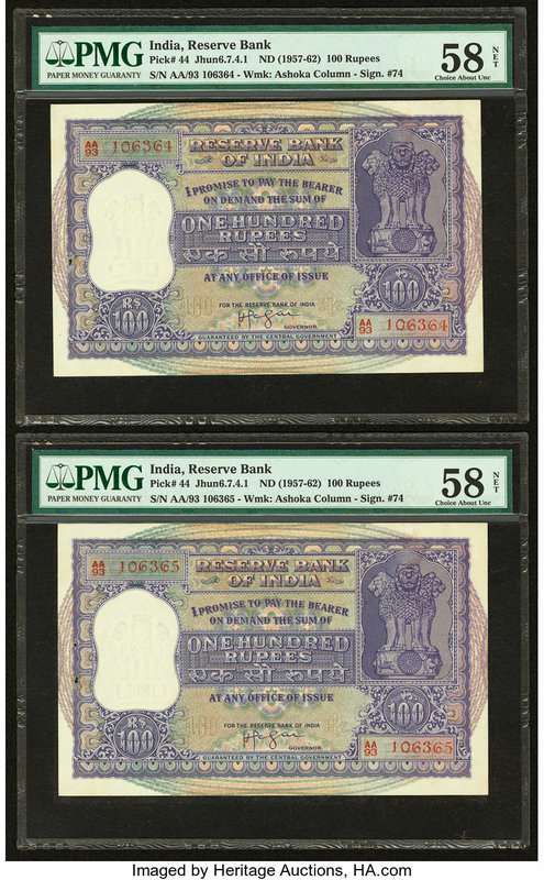 India Reserve Bank of India 100 Rupees ND (1957-62) Pick 44 Jhun6.7.4.1 Two Cons...