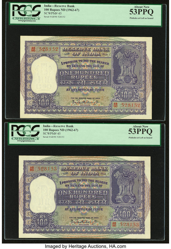 India Reserve Bank of India 100 Rupees ND (1962-67) Pick 45 Jhun6.7.4.2 Two Cons...