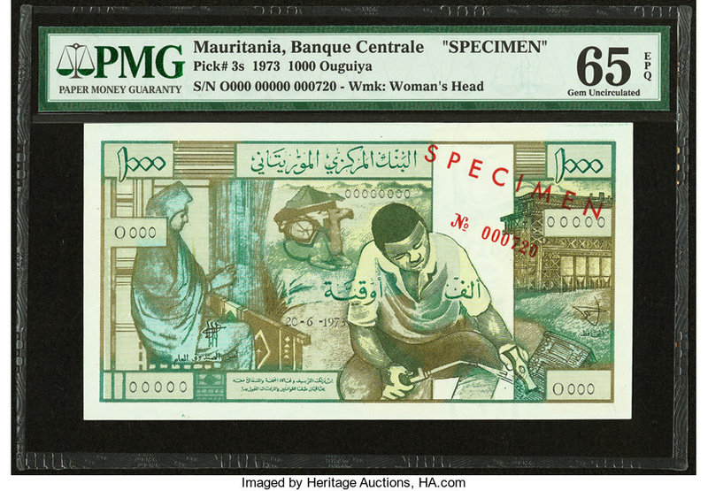 Mauritania Banque Centrale de Mauritanie 1000 Ouguiya 20.6.1973 Pick 3s Specimen...