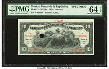 Mexico Banco de la Republica 10 Pesos 1918 Pick 12s M319s Specimen PMG Choice Uncirculated 64 EPQ. One POC.

HID09801242017