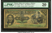 Mexico Banco de Londres y Mexico 5 Pesos ND (1889-93) Pick S233ar M271a Remainder PMG Very Fine 20. Foreign substance.

HID09801242017