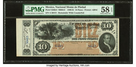 Mexico Nacional Monte de Piedad 10 Pesos 1880-81 Pick S266r2 M692r2 Remainder PMG Choice About Unc 58 EPQ. Note unaffected by toning in counterfoil.

...
